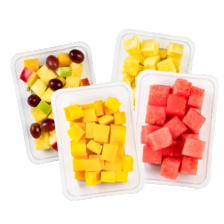 Ananas, mango of watermeloen blokjes
of fruitsalade ananas/druif